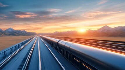 Fototapeta premium Modern High-Speed Train Racing Through Scenic Landscape at Sunset with Mountains and Clear Sky