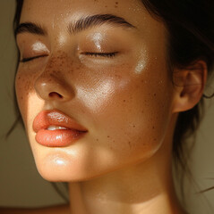 Fototapeta premium Close-up professional studio photograph of woman with smooth, glowing skin, in a softly lit setting. The background is blurred and neutral, full lips, closed eyes