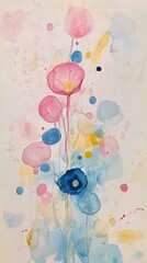 A colorful abstract watercolor painting featuring vibrant flowers with a soft pastel background, showcasing delicate brushstrokes and artistic expression.