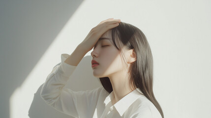 光が差し込む部屋で頭を抑えて目を瞑っている　頭痛・体調が悪い女性の顔のクローズアップ　日本人　アジア人