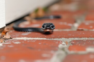 Close-Up of a Black Snake on a Brick Pathway Surrounded by Leaves with its Tongue Flicking and Eyes Alert in a Natural Outdoor Setting