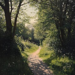 Obraz premium A peaceful forest path bathed in sunlight, surrounded by lush greenery and wildflowers, creating a serene and tranquil atmosphere.