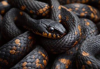 Fototapeta premium Close-up of a black snake with striking orange patterns coiled in a natural habitat, highlighting the texture and details of its scales and eyes for wildlife photography enthusiasts.