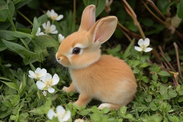 Fototapeta premium Side view of a small brown rabbit sitting in the grass, a high - quality, high - detail photo with soft focus, natural light, green background and white flowers.