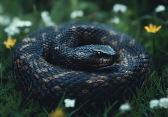 Obraz premium Close-Up of a Coiled Black Snake Surrounded by Green Grass and Wildflowers in a Natural Habitat, Capturing the Beauty and Intrigue of Reptilian Life