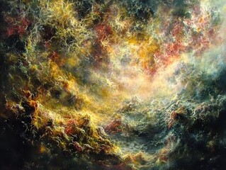 Obraz premium A mystical tundra glowing softly under a twilight sky filled with swirling auroras. Towering ice formations refract light into cascading rainbows, and ethereal beings drift peacefully through 