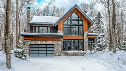 A new house with a contemporary design, set in a snowy environment
