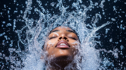 Obraz premium Water splashes around womanâ€™s face as she emerges from pool, showcasing beauty of movement and fluidity. cascading droplets create mesmerizing effect