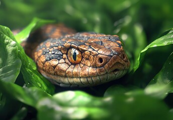 Fototapeta premium Close-Up of a Colorful Snake Among Lush Green Leaves Captured in Nature's Wilderness, Showcasing Unique Scales and Intriguing Features in a Serene Setting