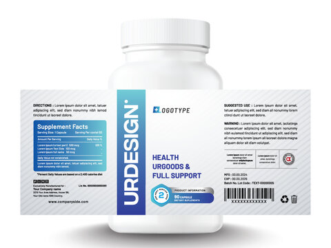 Minimal smart and modern healthcare food supplement medicine jar bottle product packaging, print label design.