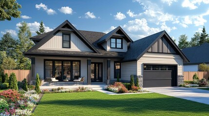 A newly built modern home illustrated in 3D, showcasing contemporary residential design.