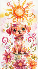 Fototapeta premium Colorful dog illustration with flowers and sun, radiating joy and warmth. whimsical, magical scene full of vibrant colors