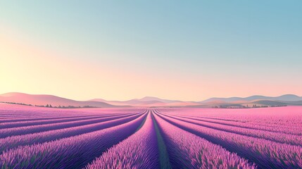Naklejka premium Tranquil lavender fields under a clear daytime sky, with rows of purple flowers stretching to the horizon. Captures the tranquility and beauty of nature