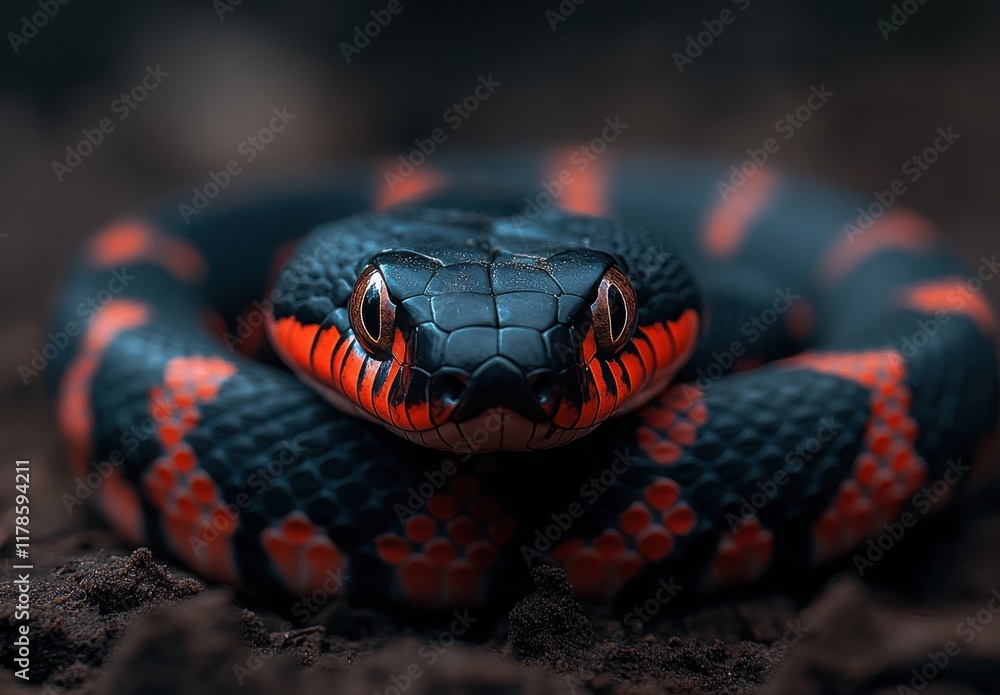 Aufkleber close-up of a colorful snake with black and orange patterns on a natural background, showcasing intr