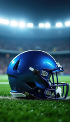 Fototapeta premium Blue football helmet on green field stadium lights sports safety competition.