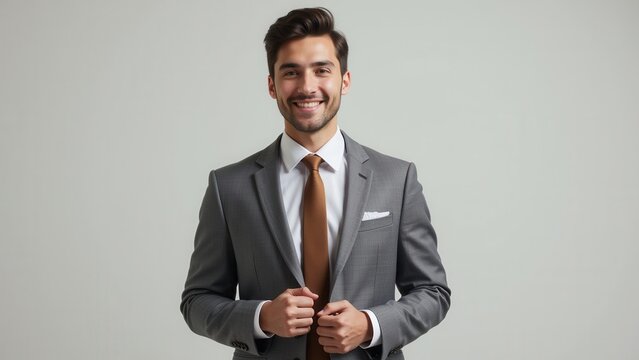 A charming young man in a crisp gray suit, white shirt, and earthy brown tie beams directly at the camera with a warm, inviting smile against a clean white backdrop