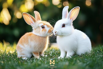 Fototapeta premium A cute real-life shot of a white rabbit and an orange bunny sitting together on the grass, with high-definition, depth of field and high detail.