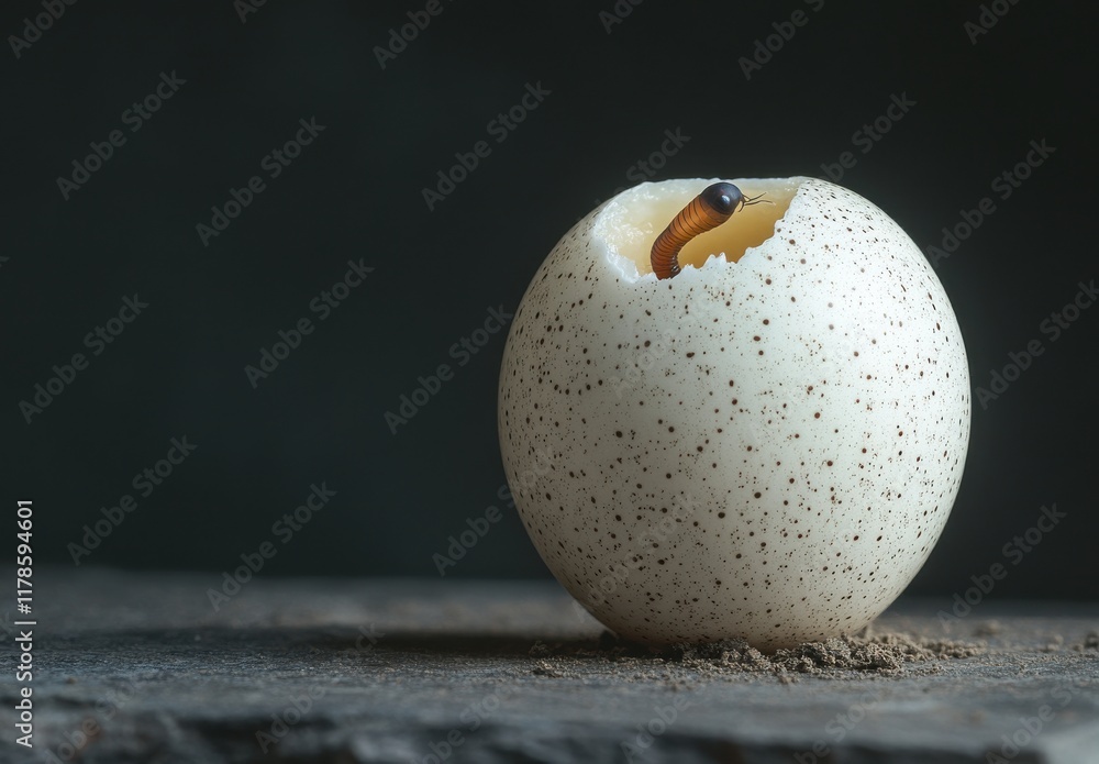Poster close-up of a hatching egg with a tiny creature emerging from its shell on a natural background, sym