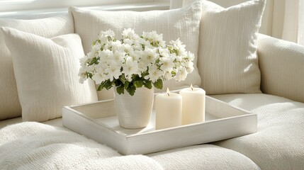 White flowers, candles, and tray on a sofa.