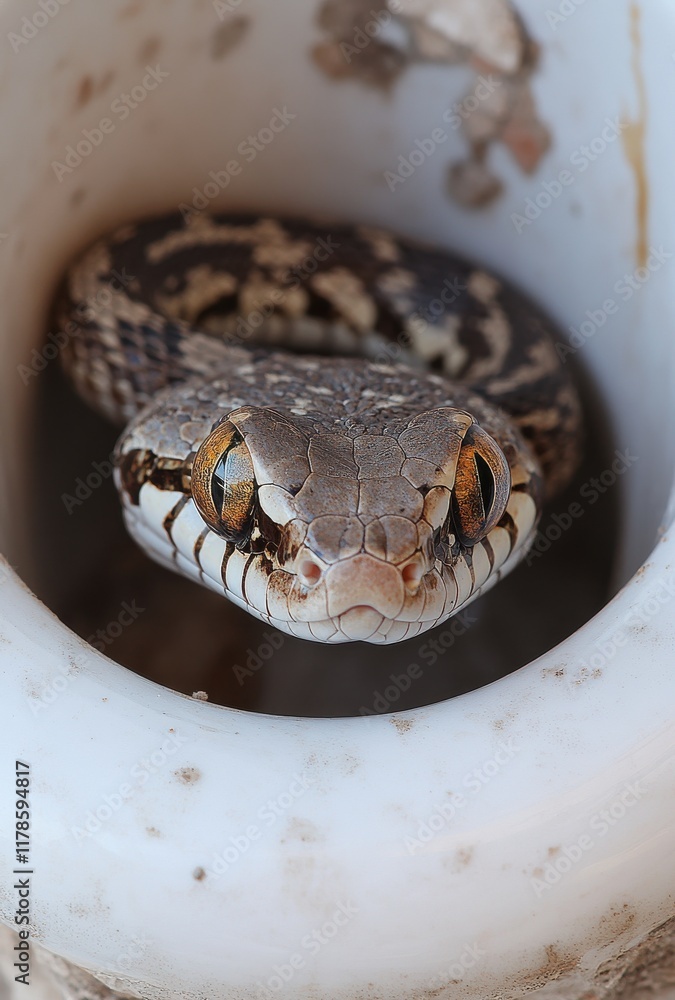 Poster close-up of a serene snake inside a hollow container showcasing unique scale patterns and striking e