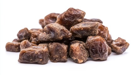 Heap of Kurma or dates, typical food during iftar, isolated on white background. Selective focus.