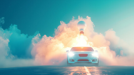 Futuristic car launching with rocket-like flames and smoke against a blue sky backdrop