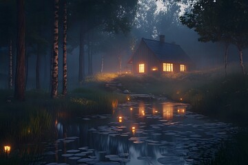 Fototapeta premium A serene cabin by a misty pond at dusk, illuminated warmly.