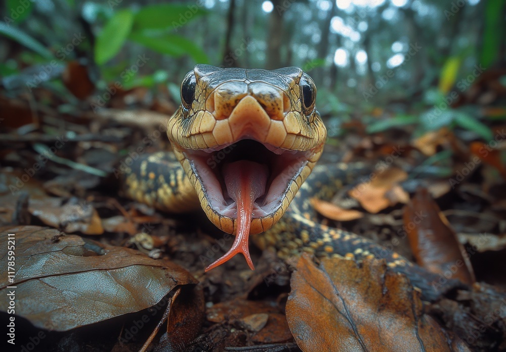 Poster close-up of a snake displaying its open mouth and flicking tongue in a lush green forest environment