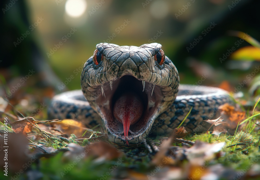 Poster Close-Up of a Snake with Open Mouth and Flicking Tongue Surrounded by Leaves and Natural Environment in a Dense Forest Setting