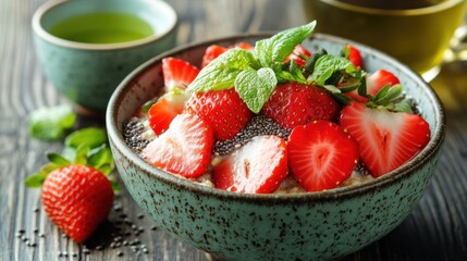 A bowl of oatmeal topped with fresh strawberries, chia seeds, and a drizzle of honey, placed on a wooden breakfast table