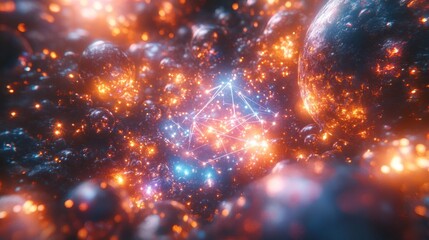 Fototapeta premium A vibrant cosmic scene with glowing particles and geometric shapes in a starry environment.