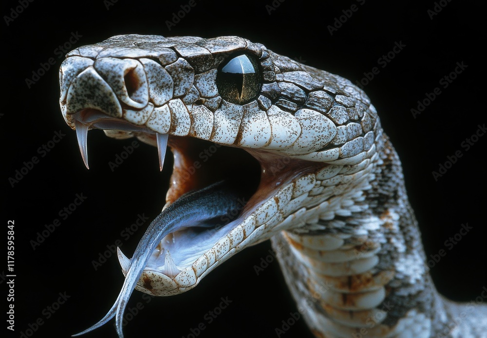 Poster close-up of a striking snake with open mouth and forked tongue displaying rich textures and detailed