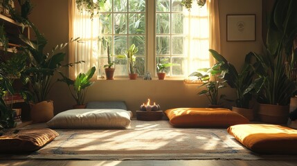 A calm meditation session in a serene, indoor space with soft lighting, cushions, and plants, showcasing a peaceful environment