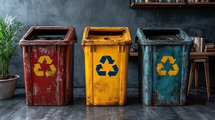 Three weathered recycling bins, red, yellow, blue, with recycle symbols, stand indoors near a plant and shelving.