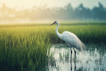 White Crane in Green Rice Paddy at Sunrise