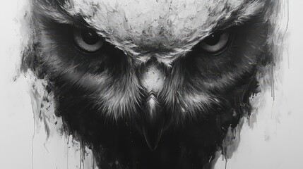 Intense close-up of an owl's face, rendered in black and white with a painterly style.