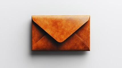 Top view of a brown leather envelope on a white background.