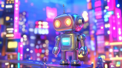 Obraz premium Retro robot in vibrant futuristic city.