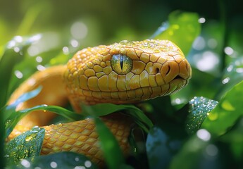 Obraz premium Close-Up of a Vibrant Yellow Snake Amidst Dew-Kissed Green Leaves in a Lush Natural Habitat Showcasing its Unique Textures and Mesmerizing Eyes