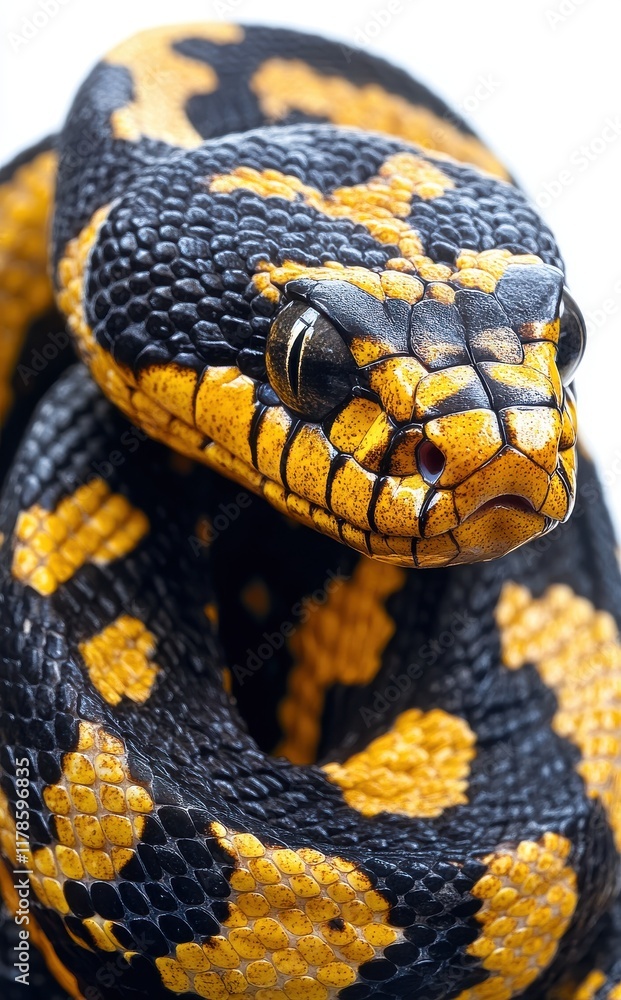 Poster close-up of a vividly patterned black and yellow snake displaying unique scales and intricate detail