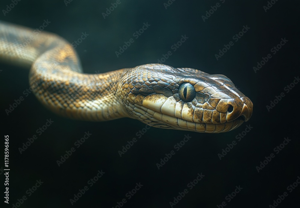 Poster close-up of an elegant snake swimming in deep water, capturing the intricate patterns and textures o