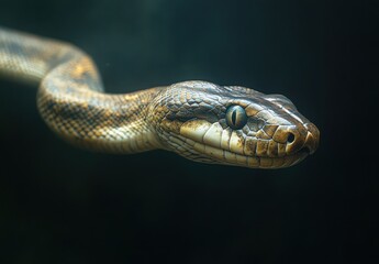 Fototapeta premium Close-up of an Elegant Snake Swimming in Deep Water, Capturing the Intricate Patterns and Textures of Its Scales, with a Mysterious Underwater Background
