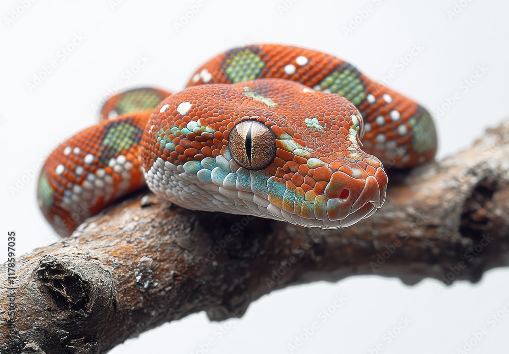 Poster close-up of colorful snake on branch with intricate scale patterns and expressive eyes capturing the