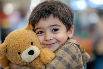 Joyful Child with Favorite Stuffed Animal Hugging