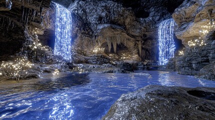 A serene volcanic island glowing softly under twin auroras. Radiant waterfalls of liquid light flow gently down the island&rsquo;s cliffs, converging into shimmering pools surrounded by glowing plants. 