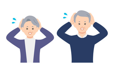 頭を抱えて困るポーズをするシニア男女･老夫婦のセット【人物ベクターイラスト素材】