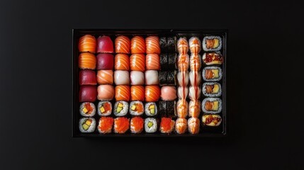 Assorted sushi in a black box on dark background.