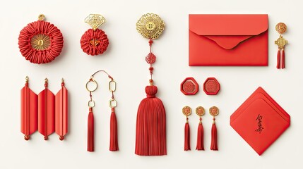 A set of handmade Chinese New Year crafts, including small red paper envelopes, decorative tassels, and gold-embroidered charms, on a clean background.