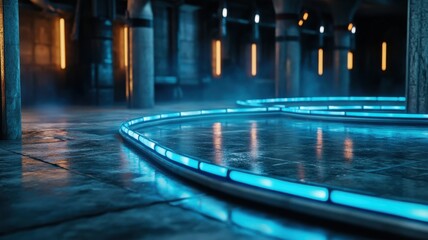 Obraz premium Futuristic 3D Rendering of a Dark Sci-Fi Room Illuminated with Blue Light