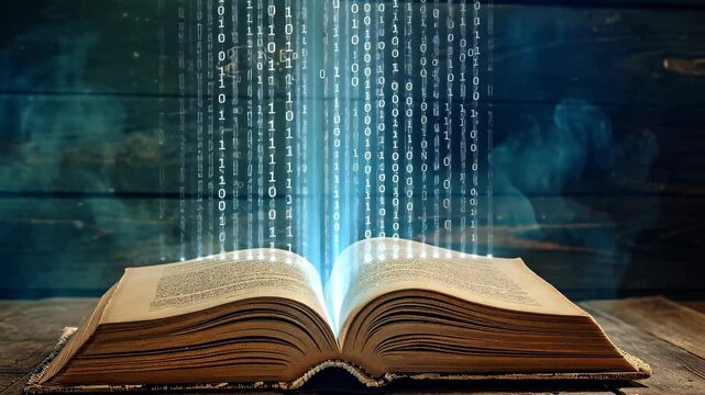 An open book with its pages aglow, radiating a soft light, video of a book with its pages transforming into binary numbers